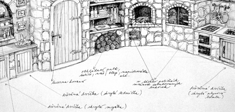 Skica kamenné kuchyně s vinným sklepem