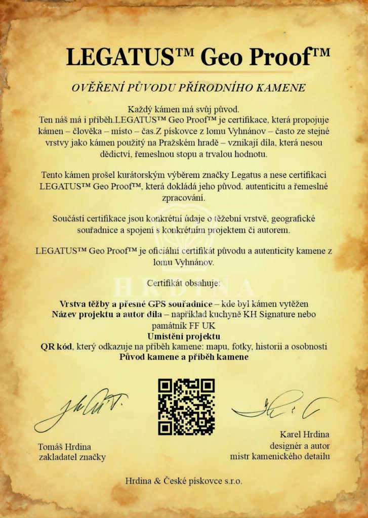 Legatus Geo Proof certifikát původu pískovce kamenolomu Vyhnánov