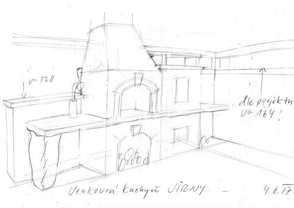 Ručně kreslený návrh venkovní zahradní kuchyně s pecí na pizzu — pracovní skica projektu Jirny, Hrdina & České Pískovce
